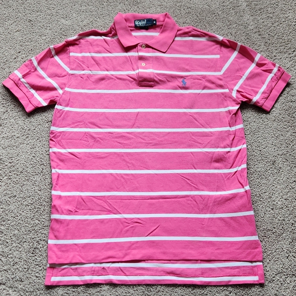 Polo Ralph Lauren Men's Bright Pink Short Sleeve White Stripe Polo Shirt, Medium